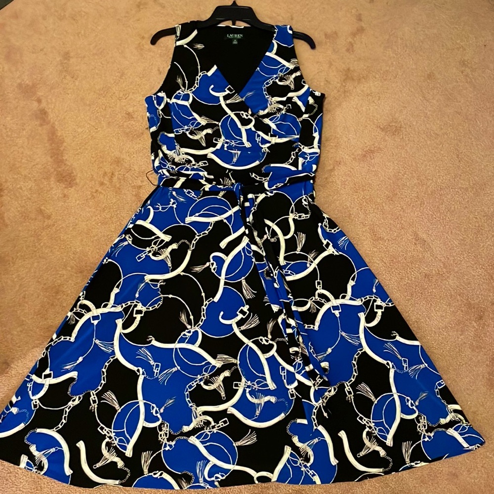 Lauren Ralph Lauren Equestrian Print Sleeveless Faux Wrap Jersey Dress, Sz 12